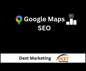 Used for our blog posts on how to rank higher on google maps. It has text that reads "Google Maps SEO." At the bottom is Dext Marketing's branding and Logo.